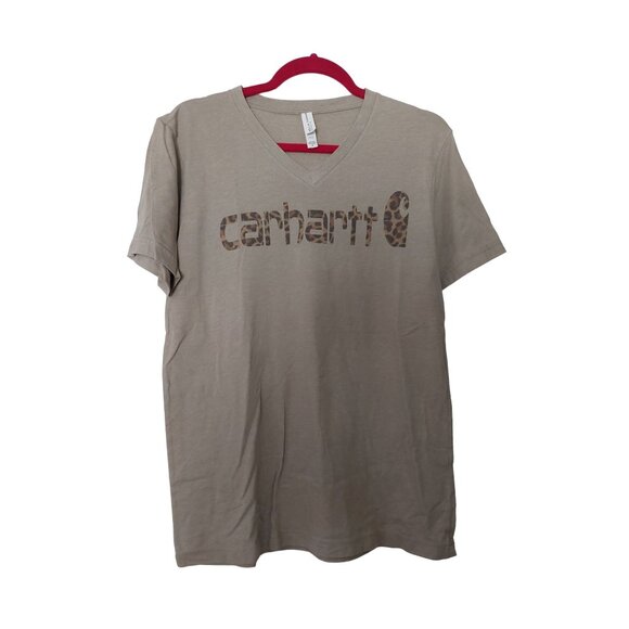Carhartt Leopard Print Logo V-Neck T-Shirt M Beige - Picture 1 of 3